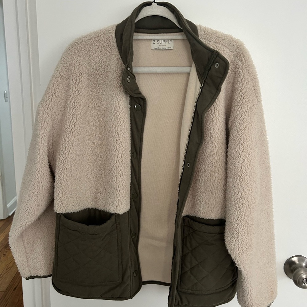 Z Supply Cream Sherpa Jacket with Olive Quilted Trim and Pockets
